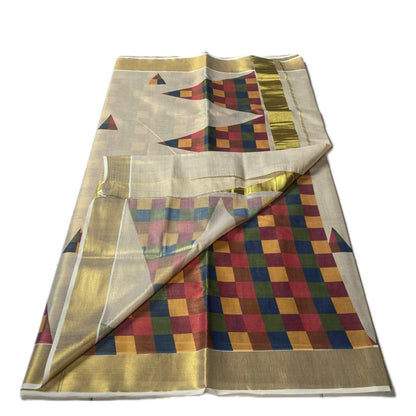 🌈 Triangle Madras Check Kerala Kasavu Saree with Triangle Pattern 🌈