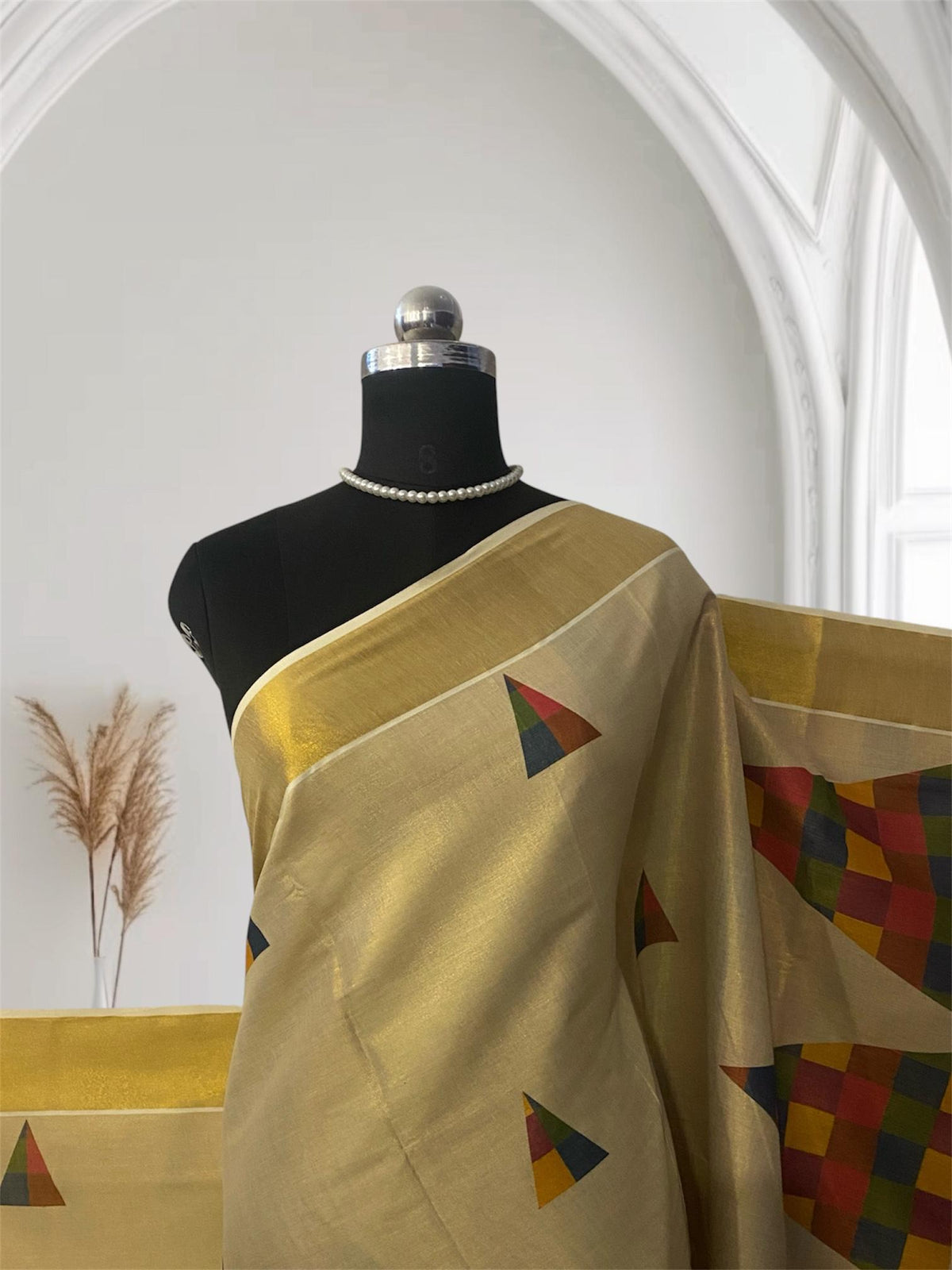 🌈 Triangle Madras Check Kerala Kasavu Saree with Triangle Pattern 🌈