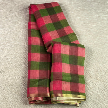 Madras Check Cotton saree Pink& Green