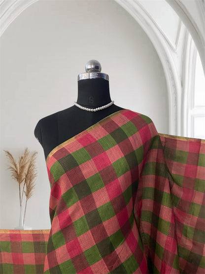 Madras Check Cotton saree Pink& Green