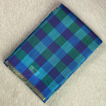 Vibrant Blue & Green Checkered Soft Cotton Saree