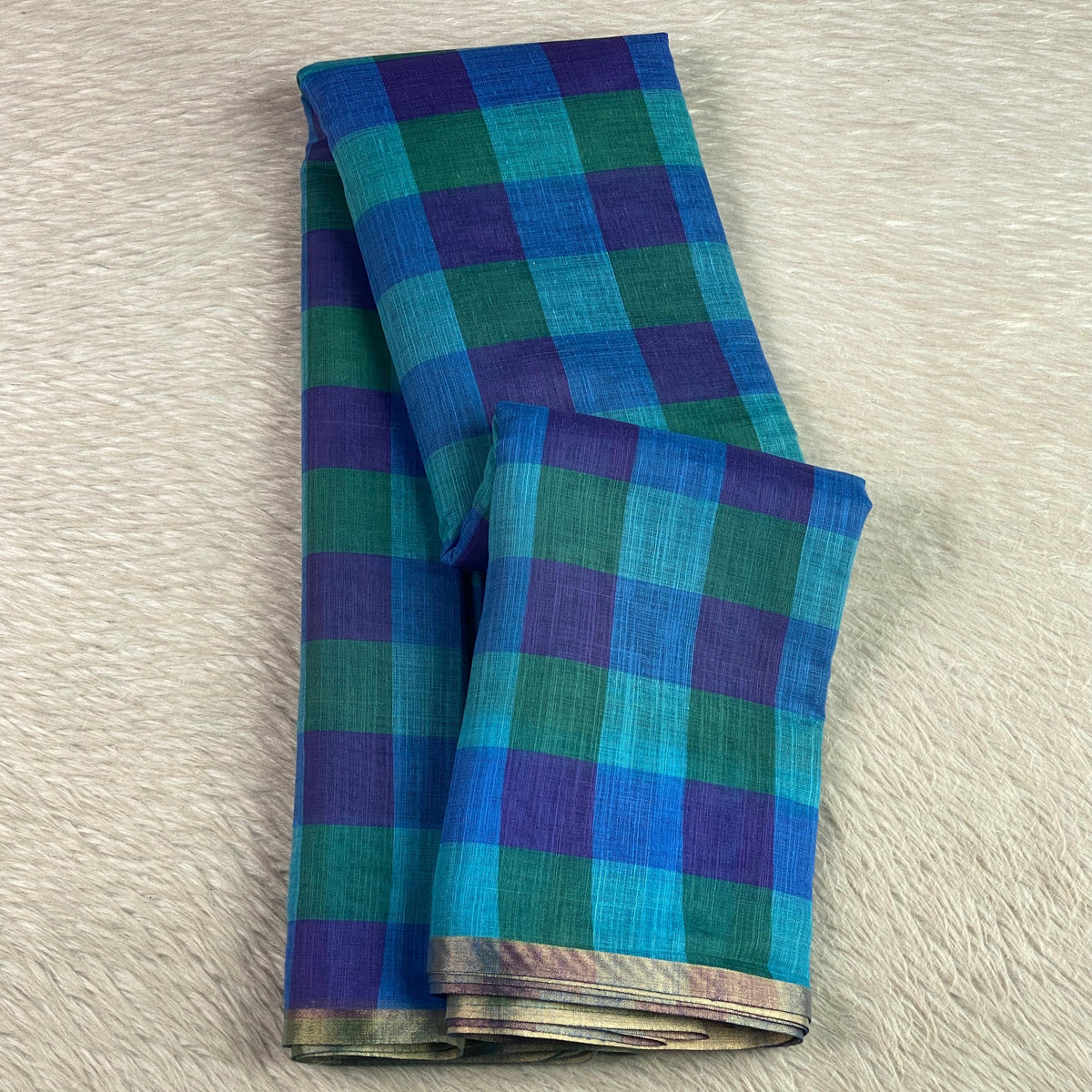Vibrant Blue & Green Checkered Soft Cotton Saree