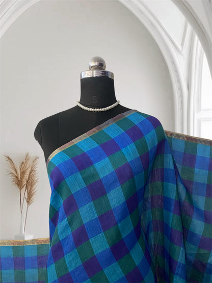 Vibrant Blue & Green Checkered Soft Cotton Saree