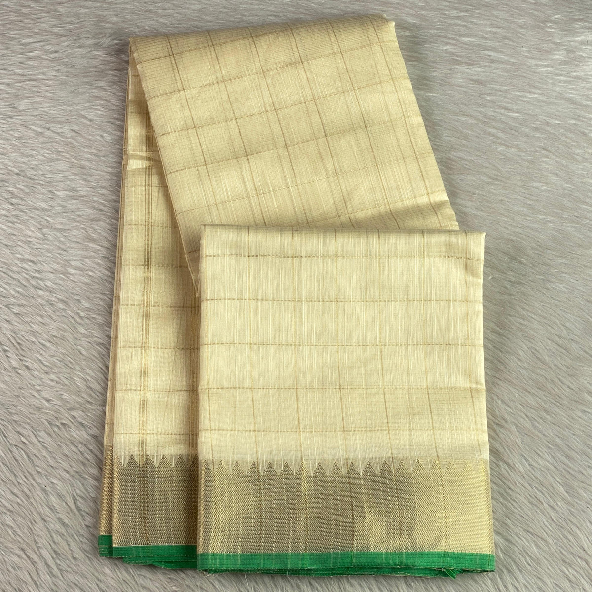 Mounika Checks Tissue Cotton Saree with Green Line Border