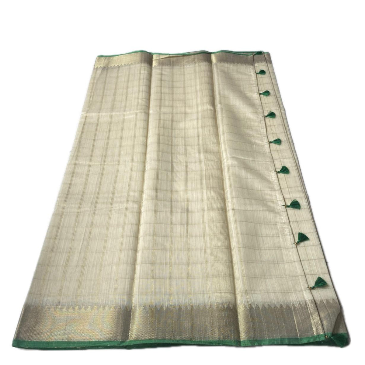 Mounika Checks Tissue Cotton Saree with Green Line Border