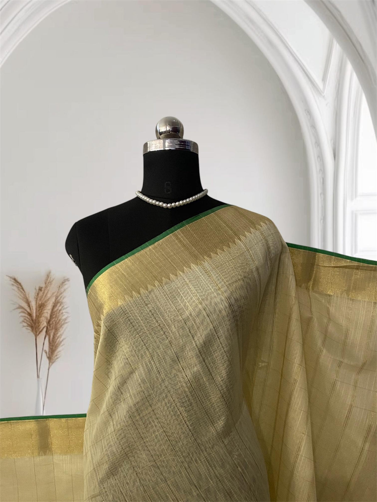 Mounika Checks Tissue Cotton Saree with Green Line Border