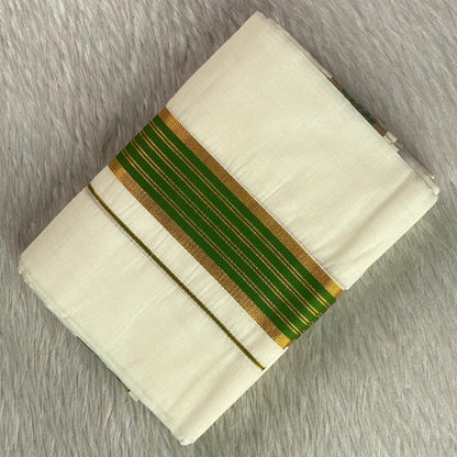 Kashi Kerala Kasavu Mundu with Green &and Golden Zari Border. 🌿✨