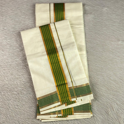 Kashi Kerala Kasavu Mundu with Green &and Golden Zari Border. 🌿✨