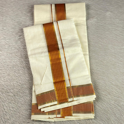 Kashi Kerala Kasavu Mundu with Orange & Golden Zari Border. 🌿✨