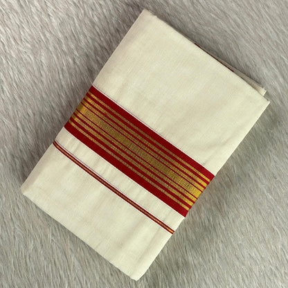 Dhurga Cotton Kasavu Mundu with Red & Golden Zari Border. 🌿