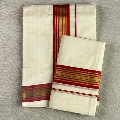Dhurga Cotton Kasavu Mundu with Red & Golden Zari Border. 🌿