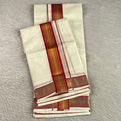 Dhurga Cotton Kasavu Mundu with Red & Golden Zari Border. 🌿