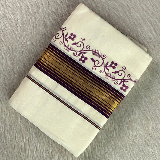 Cotton Kasavu Mundu with Violet & Golden Zari Floral Border. 🌿