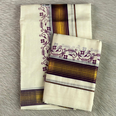 Cotton Kasavu Mundu with Violet & Golden Zari Floral Border. 🌿
