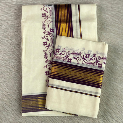 Cotton Kasavu Mundu with Violet & Golden Zari Floral Border. 🌿