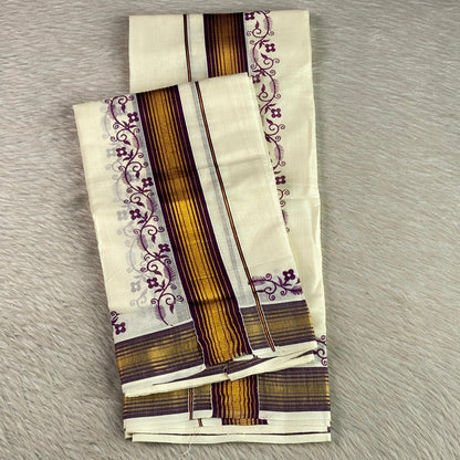 Cotton Kasavu Mundu with Violet & Golden Zari Floral Border. 🌿