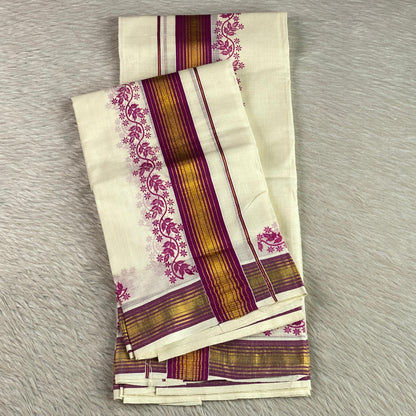 Chandra Cotton Kasavu Mundu with Pink & Golden Zari Floral Border. 🌿