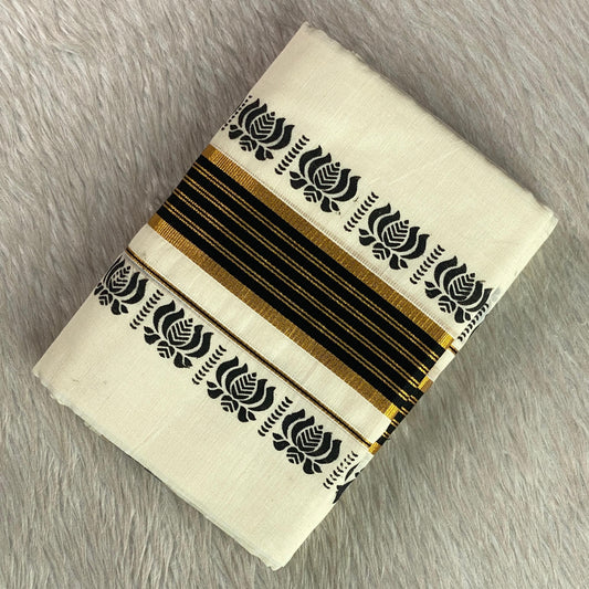 Cotton Kasavu Mundu with Black & Golden Zari Lotus Border. 🌿