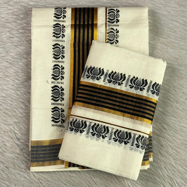 Cotton Kasavu Mundu with Black & Golden Zari Lotus Border. 🌿