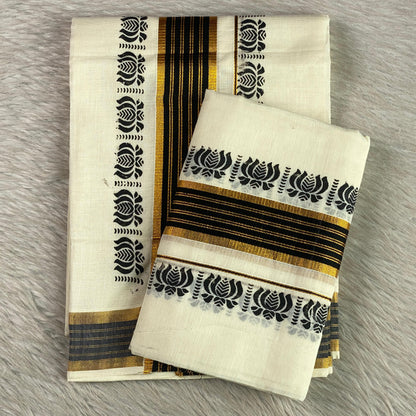 Cotton Kasavu Mundu with Black & Golden Zari Lotus Border. 🌿