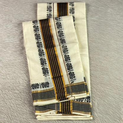 Cotton Kasavu Mundu with Black & Golden Zari Lotus Border. 🌿