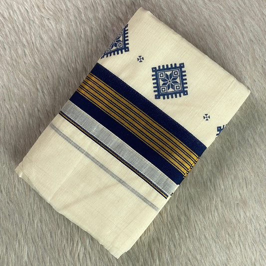 Thinkal Royal Navy Geometric Motif Kerala Cotton Set Mundu
