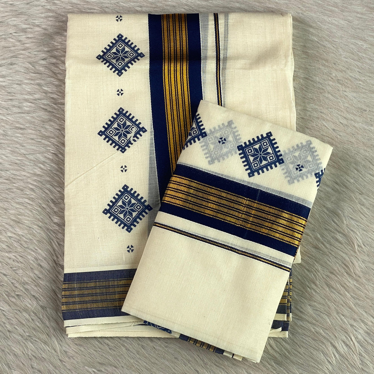 Thinkal Royal Navy Geometric Motif Kerala Cotton Set Mundu