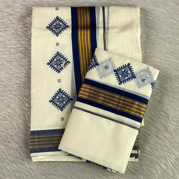 Thinkal Royal Navy Geometric Motif Kerala Cotton Set Mundu