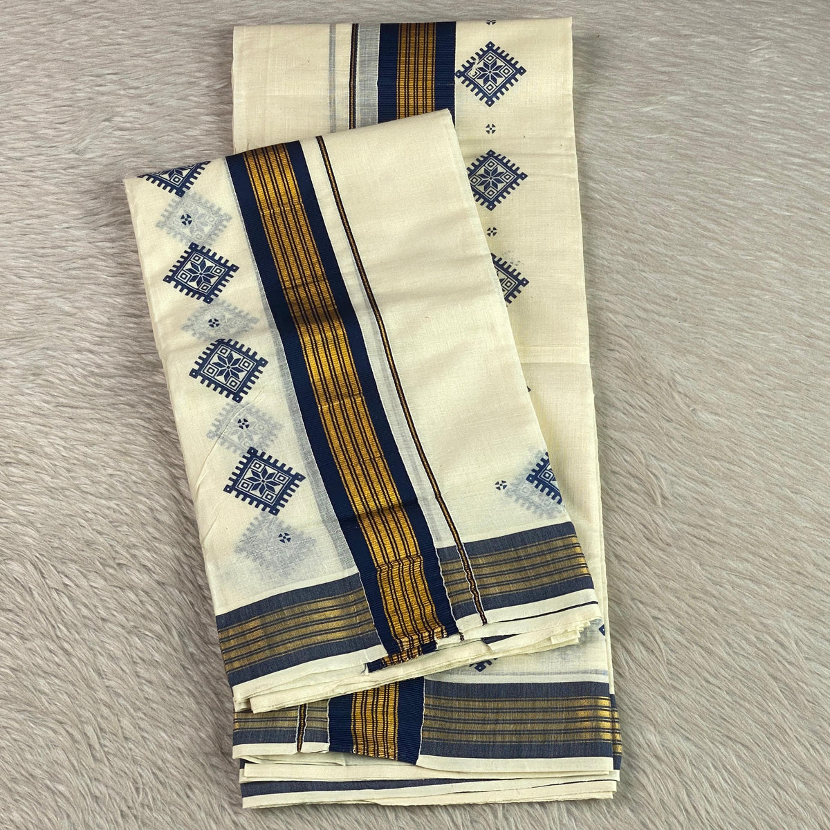 Thinkal Royal Navy Geometric Motif Kerala Cotton Set Mundu