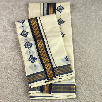 Thinkal Royal Navy Geometric Motif Kerala Cotton Set Mundu