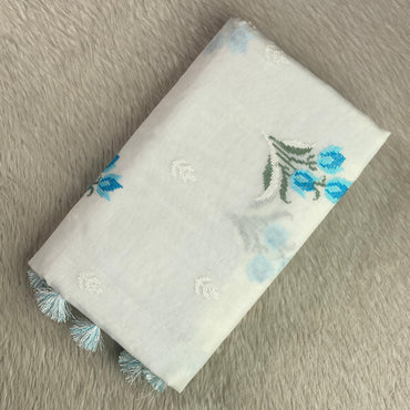 🪶 Pure Feather White Cotton Silk Saree with Blue Floral Embroidery 🪶