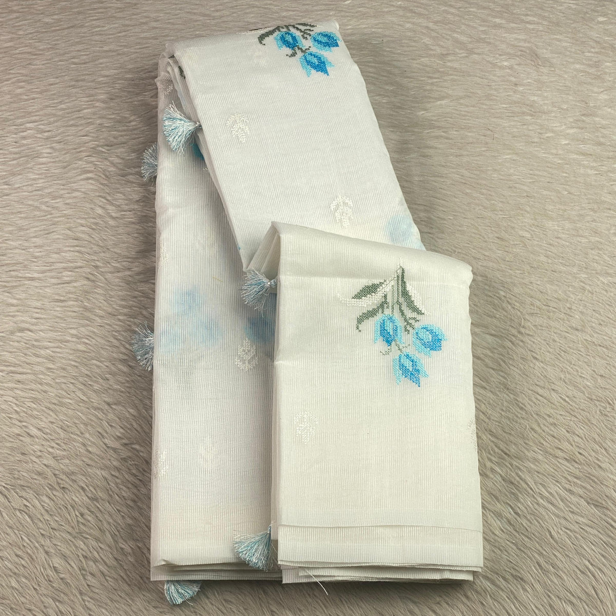 🪶 Pure Feather White Cotton Silk Saree with Blue Floral Embroidery 🪶