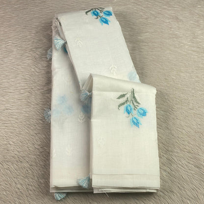 🪶 Pure Feather White Cotton Silk Saree with Blue Floral Embroidery 🪶