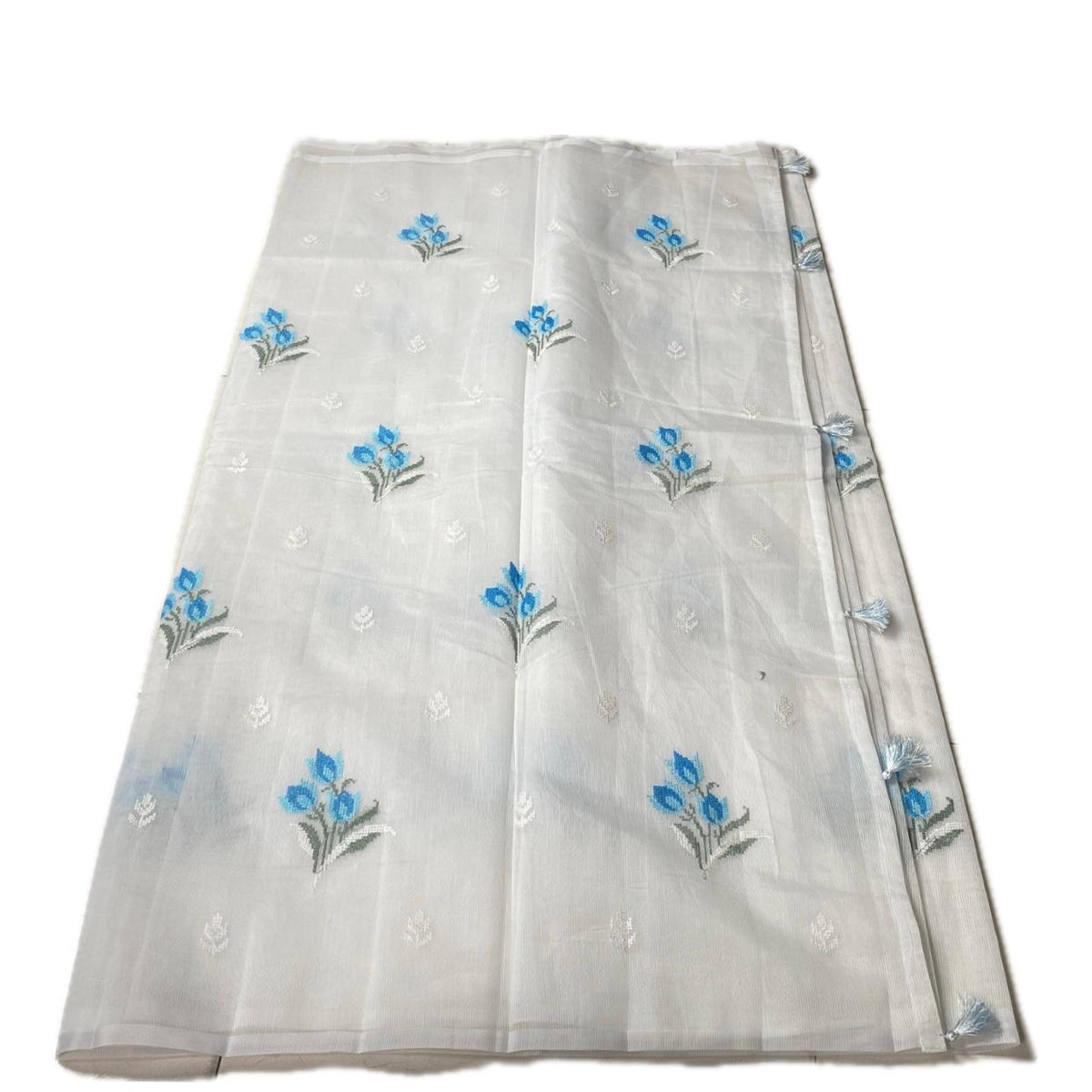🪶 Pure Feather White Cotton Silk Saree with Blue Floral Embroidery 🪶