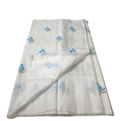 🪶 Pure Feather White Cotton Silk Saree with Blue Floral Embroidery 🪶