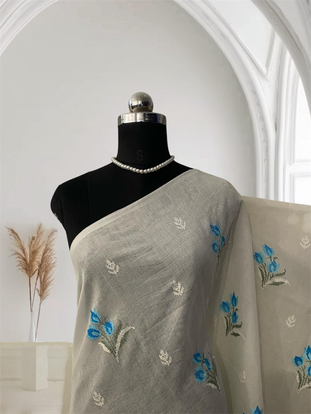 🪶 Pure Feather White Cotton Silk Saree with Blue Floral Embroidery 🪶