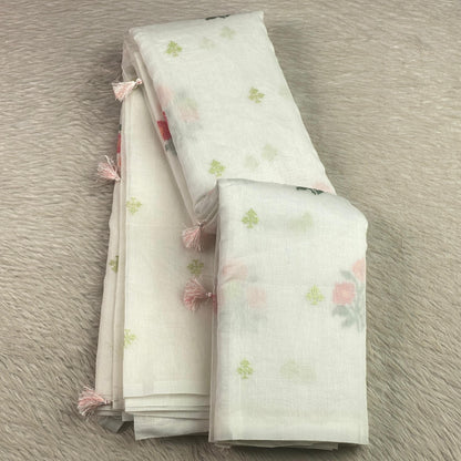 🪶 Pure Feather White Cotton Silk Saree with Cream Floral Embroidery 🪶