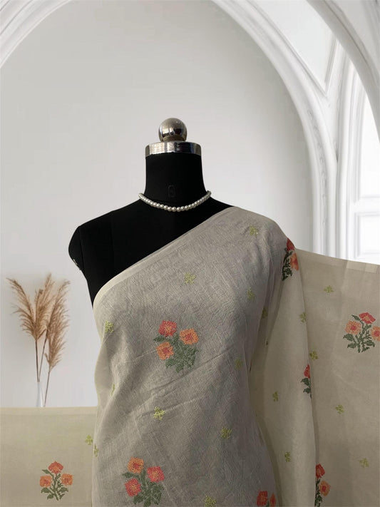 🪶 Pure Feather White Cotton Silk Saree with Cream Floral Embroidery 🪶