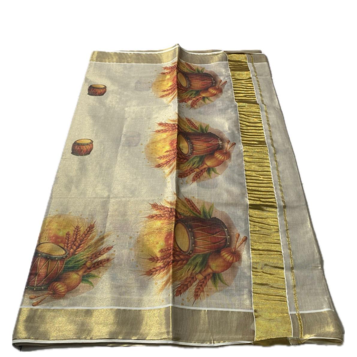 Kerala Tissue Kasavu Saree in Chenda Print