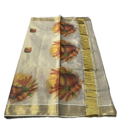 Kerala Tissue Kasavu Saree in Chenda Print