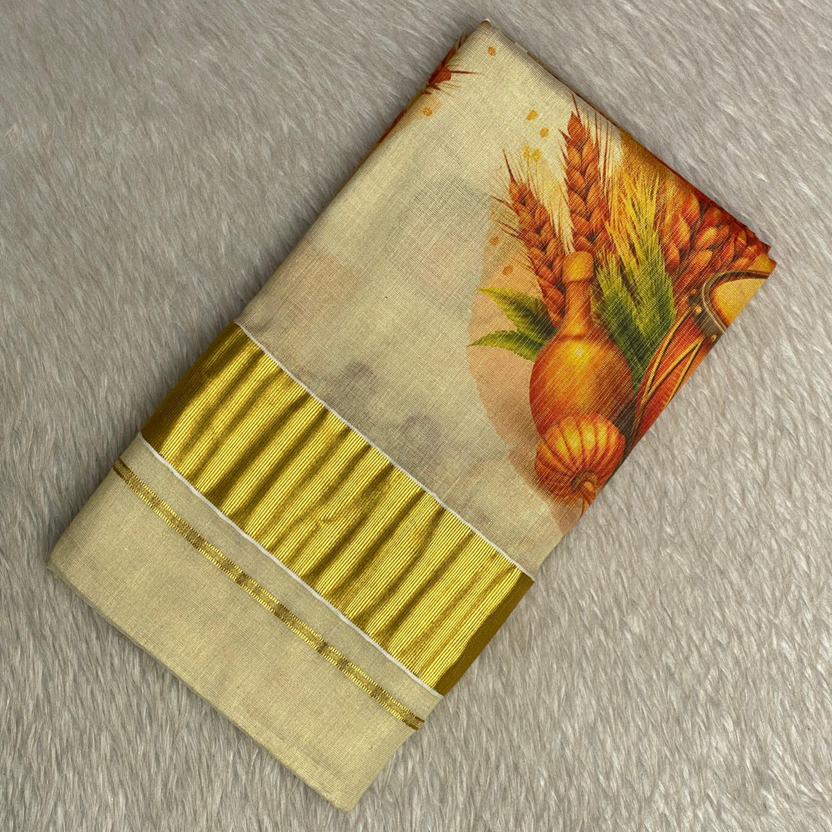 Kerala Tissue Kasavu Saree in Chenda Print