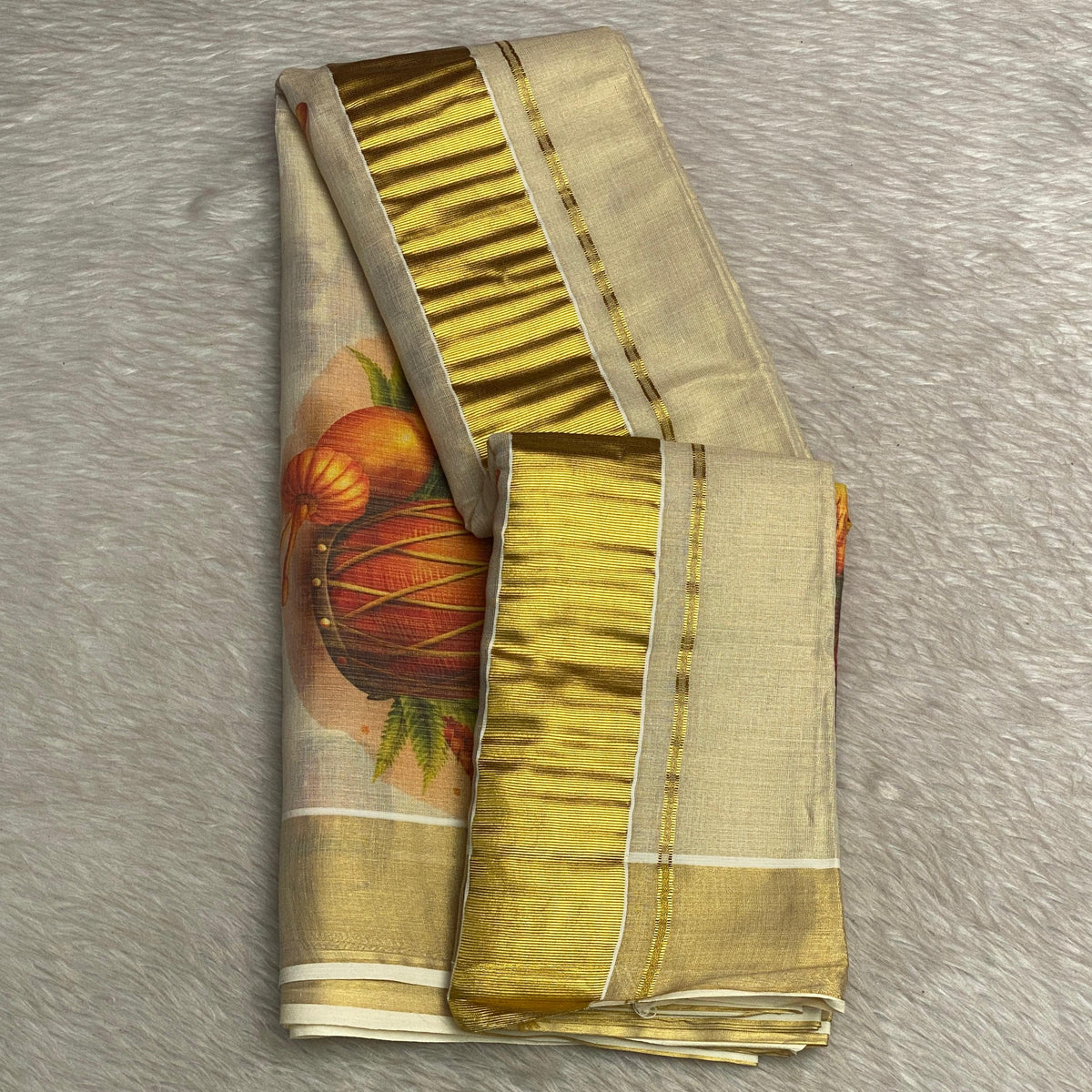 Kerala Tissue Kasavu Saree in Chenda Print