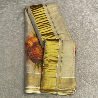Kerala Tissue Kasavu Saree in Chenda Print
