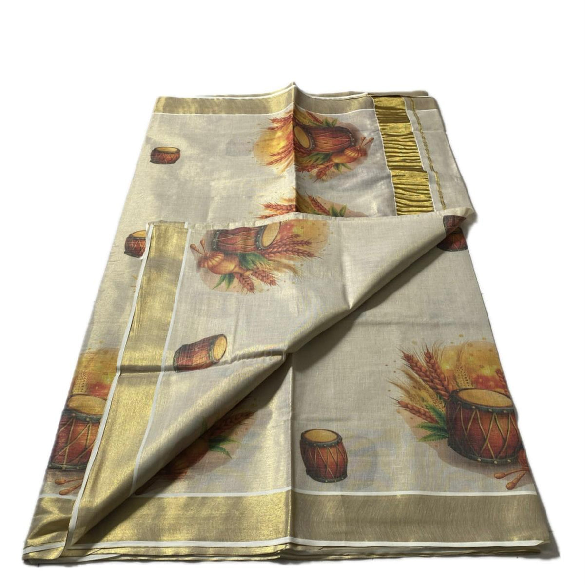 Kerala Tissue Kasavu Saree in Chenda Print