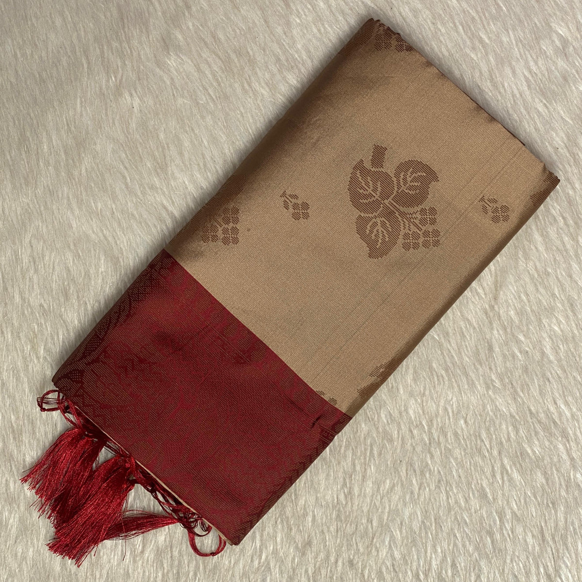 Theertha Soft Silk Saree Chikku with Maroon Border