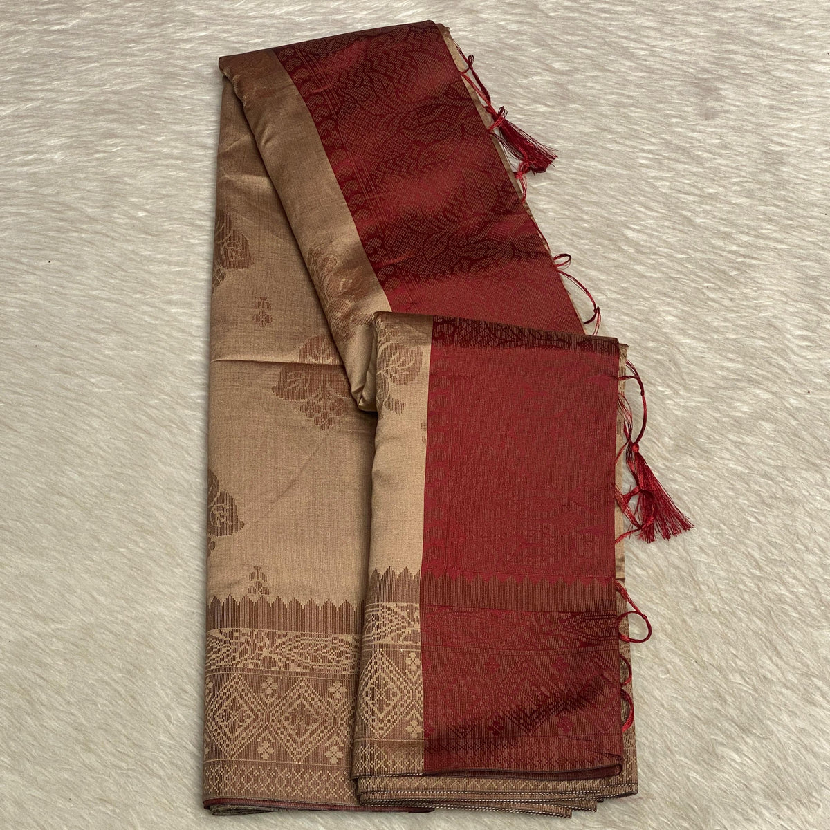 Theertha Soft Silk Saree Chikku with Maroon Border