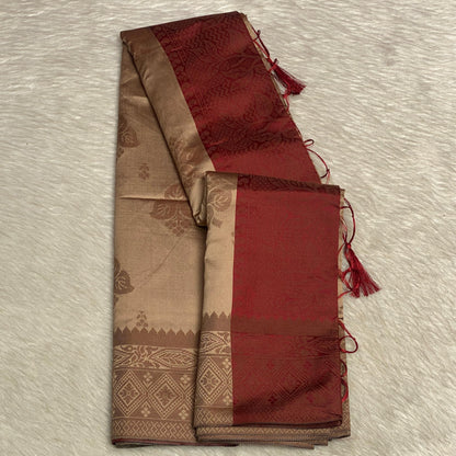 Theertha Soft Silk Saree Chikku with Maroon Border