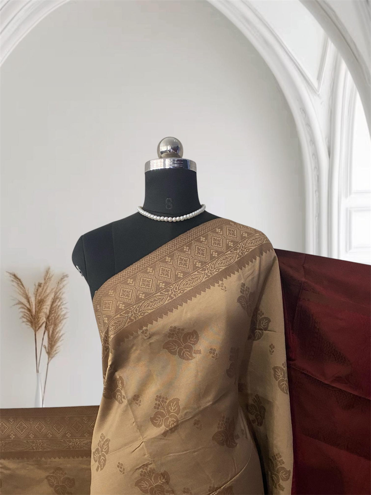 Theertha Soft Silk Saree Chikku with Maroon Border