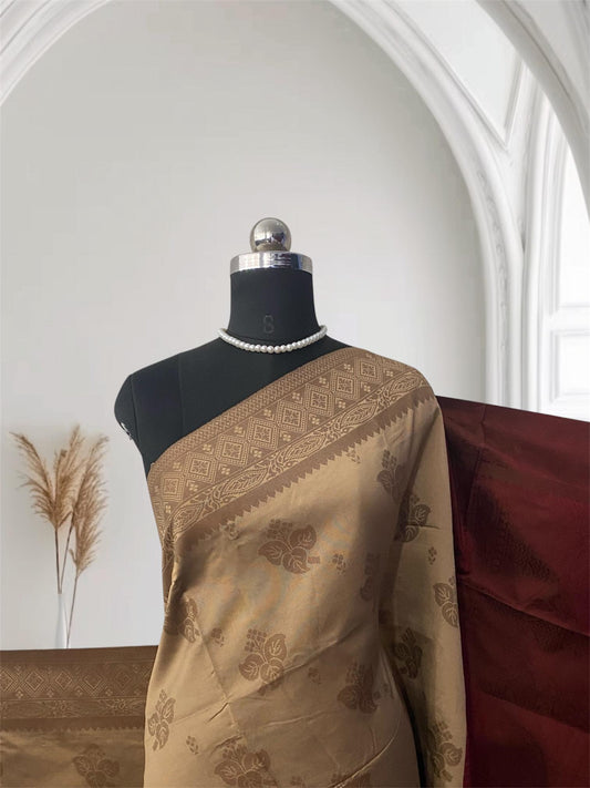 Theertha Soft Silk Saree Chikku with Maroon Border