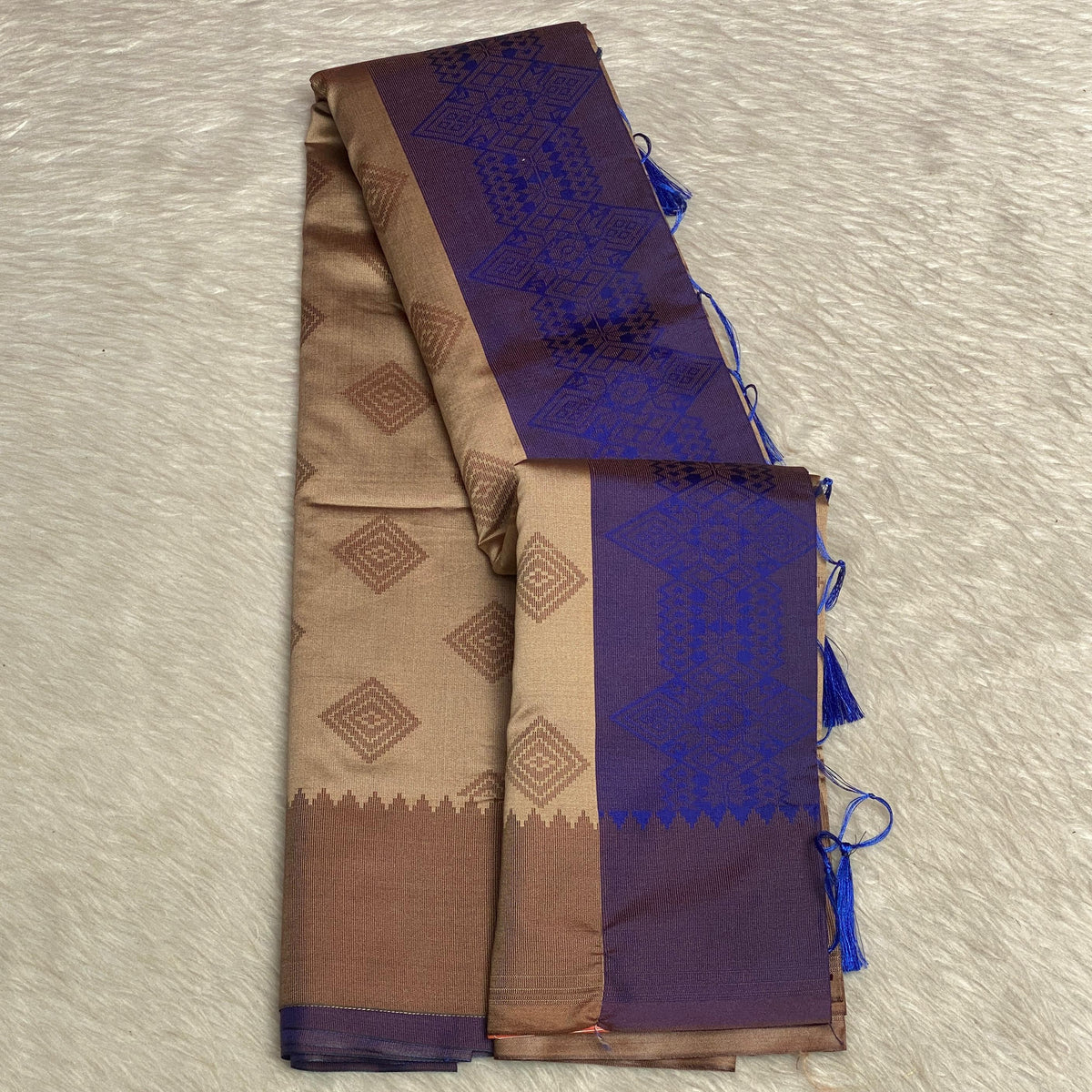 Theertha Soft Silk Saree Chikku with Royal Blue Border